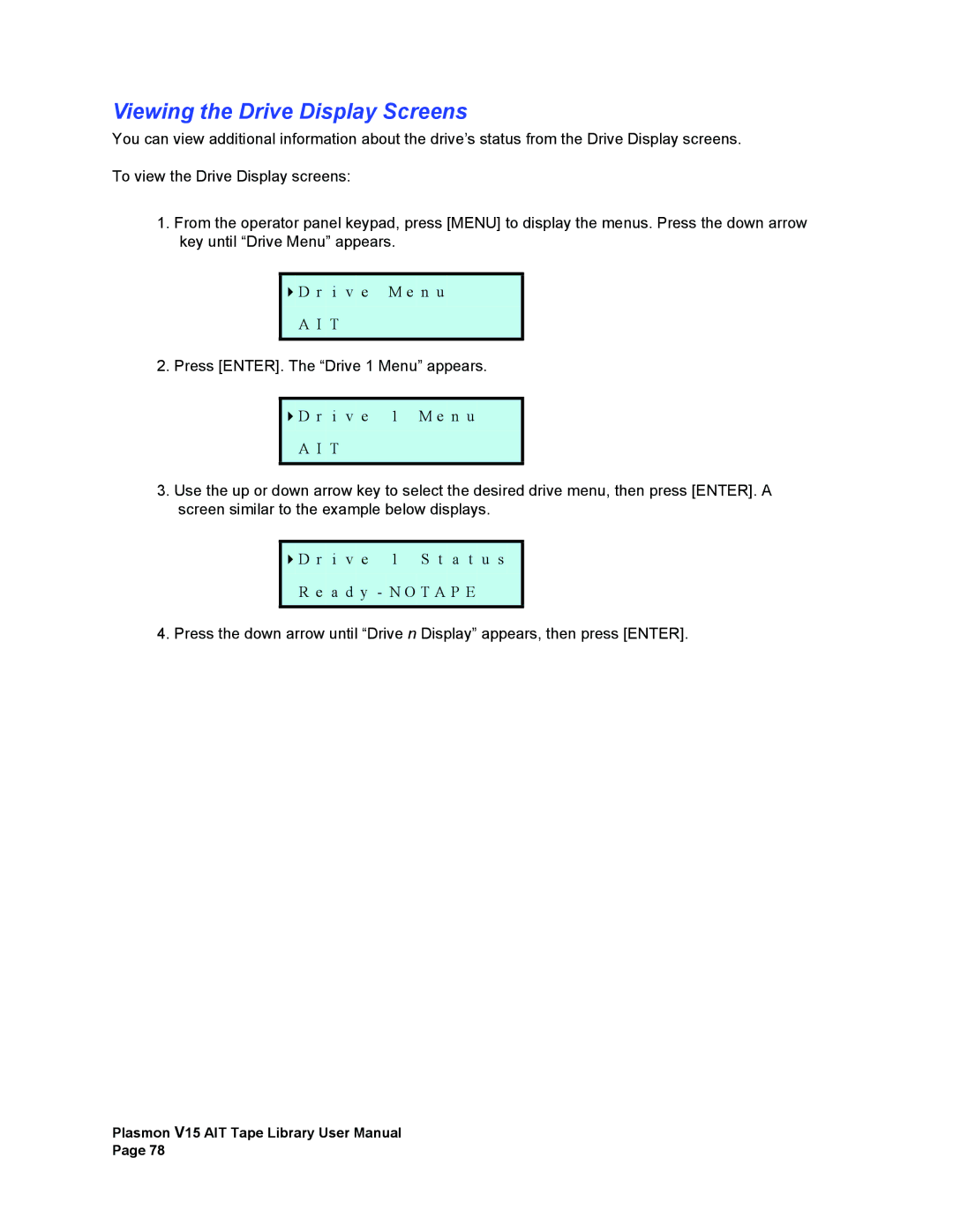 Plasmon V15 manual Viewing the Drive Display Screens 