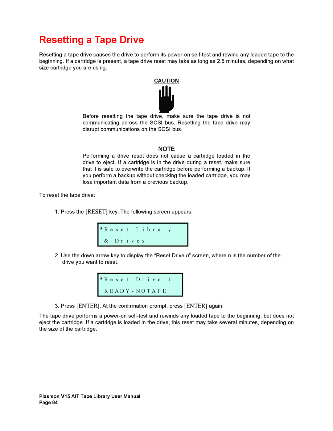 Plasmon V15 manual Resetting a Tape Drive 