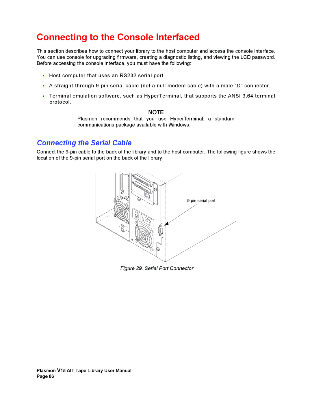 Plasmon V15 manual Connecting to the Console Interfaced, Connecting the Serial Cable 