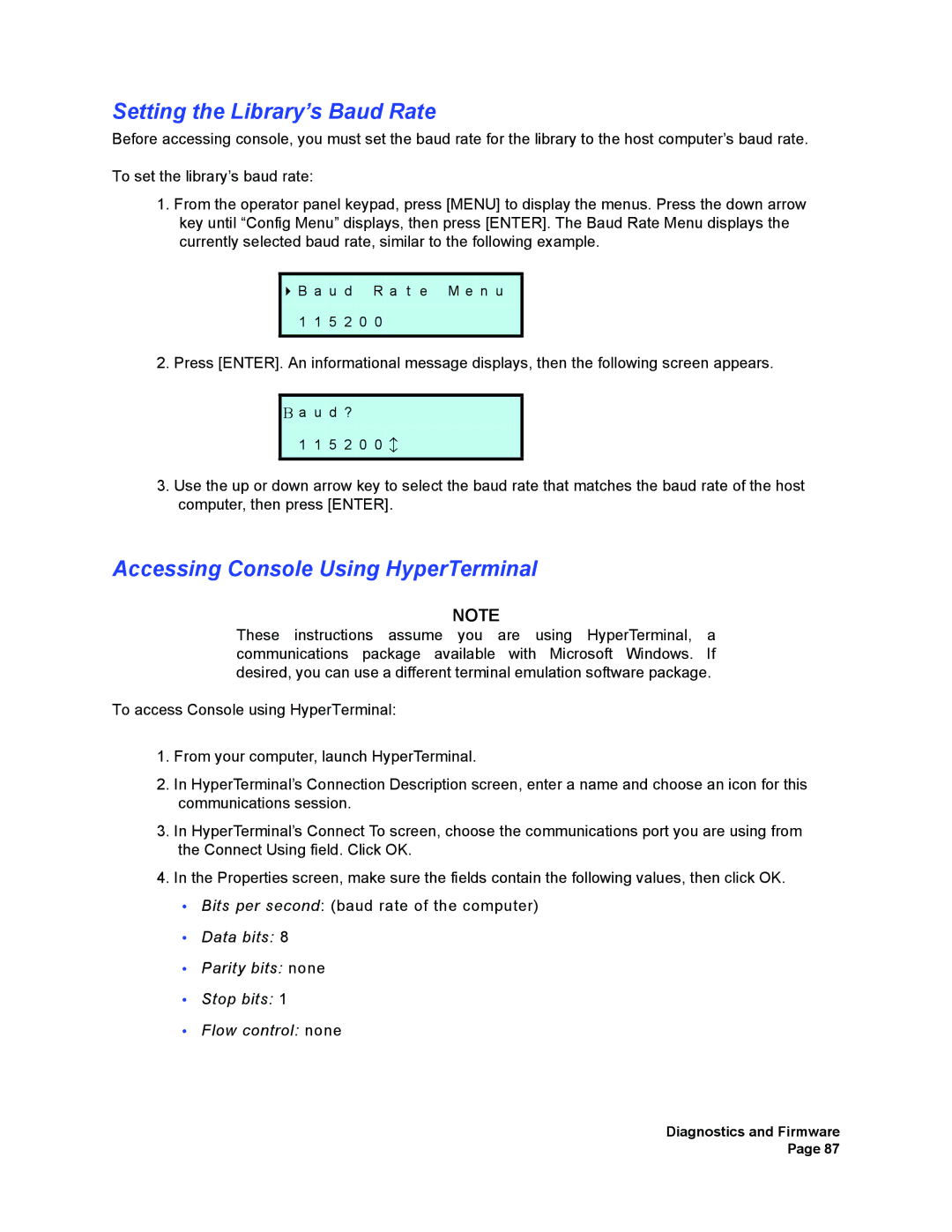 Plasmon V15 manual Setting the Library’s Baud Rate, Accessing Console Using HyperTerminal 