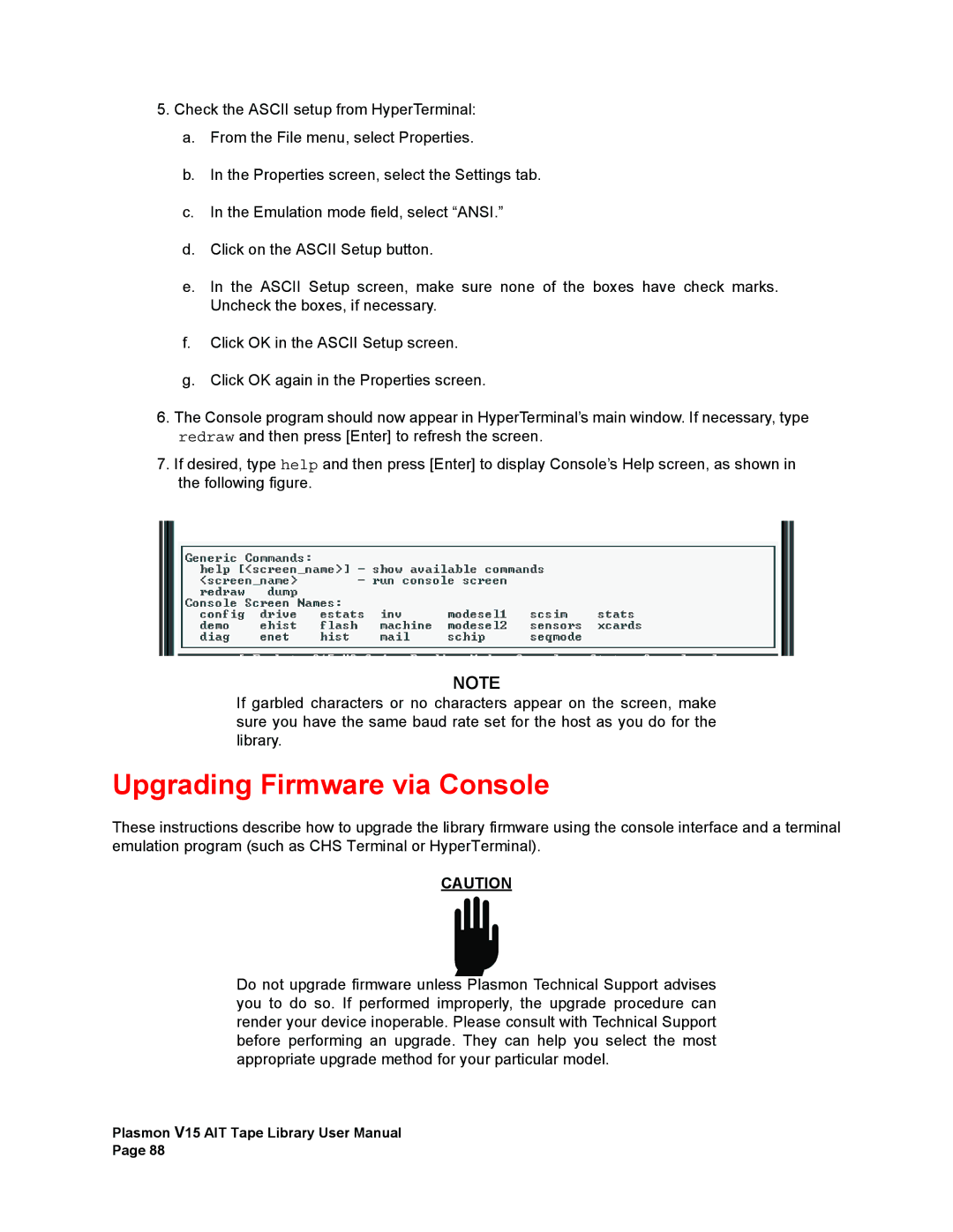 Plasmon V15 manual Upgrading Firmware via Console 