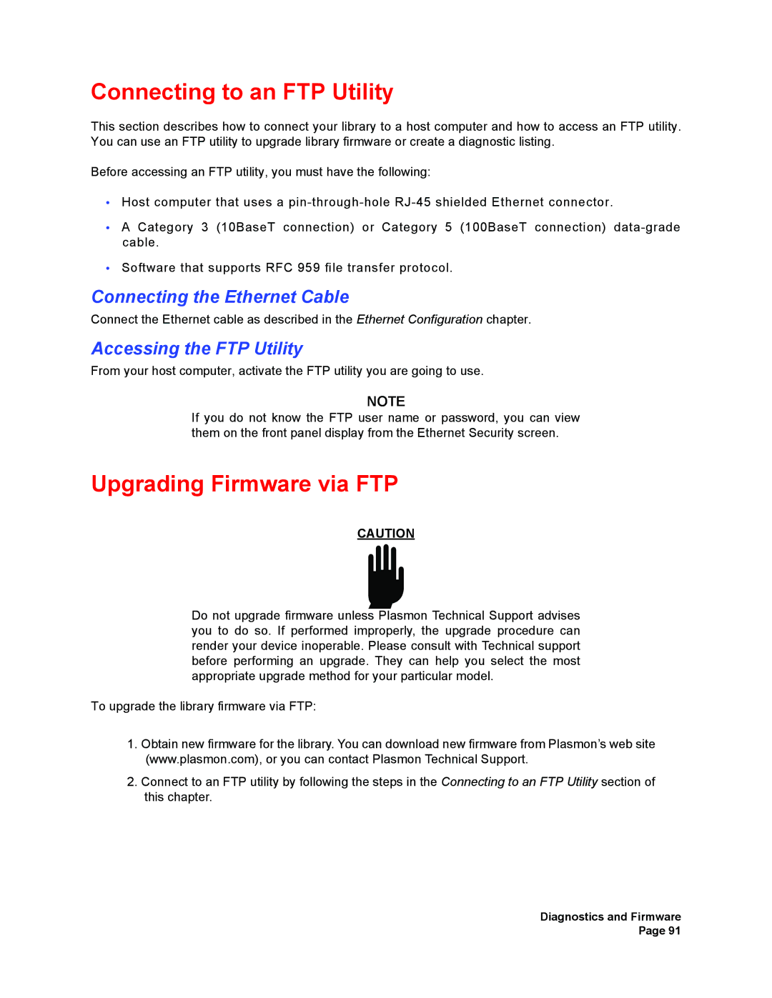 Plasmon V15 manual Connecting to an FTP Utility, Upgrading Firmware via FTP, Connecting the Ethernet Cable 