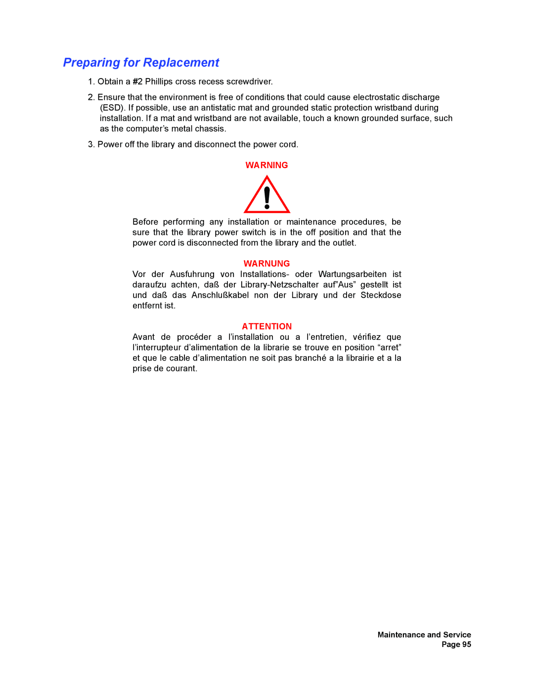 Plasmon V15 manual Preparing for Replacement 