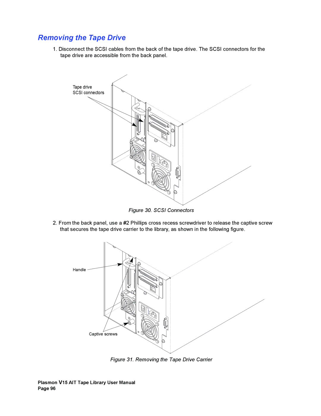 Plasmon V15 manual Removing the Tape Drive, Scsi Connectors 