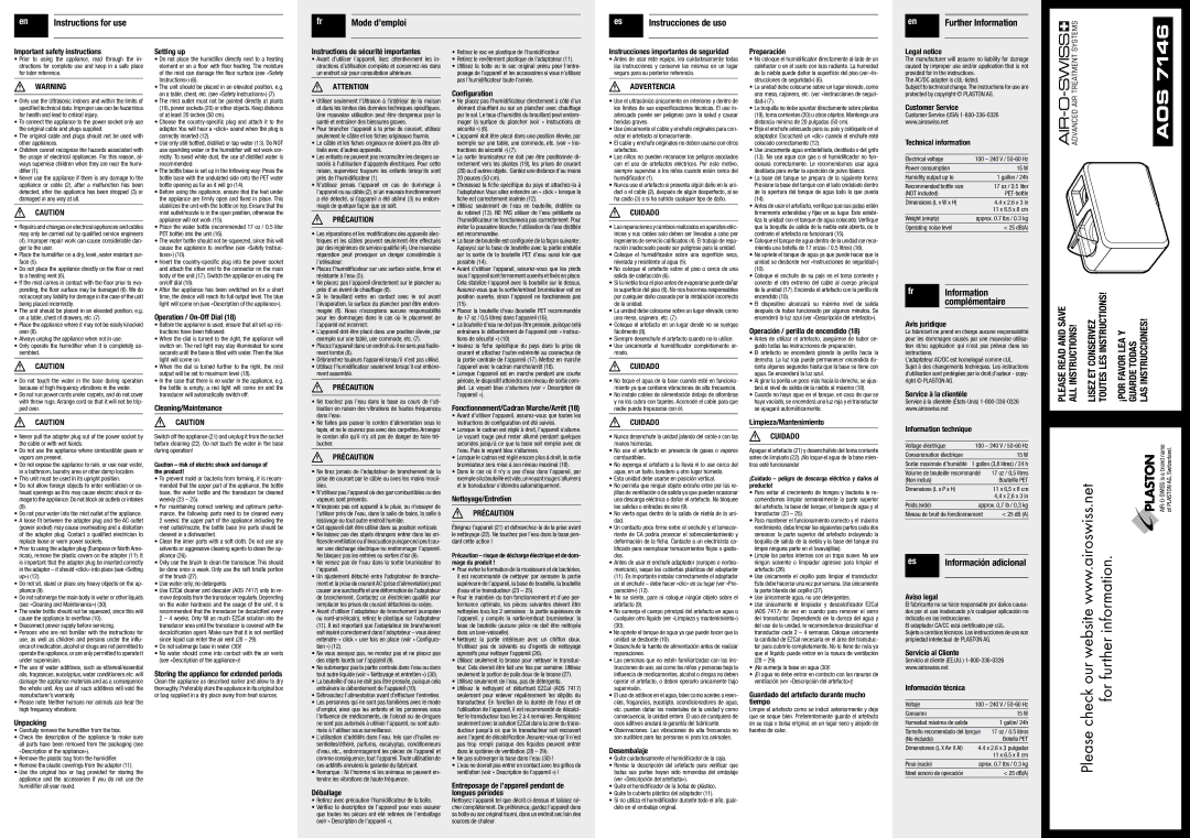 Plaston AOS7146 important safety instructions Important safety instructions, Setting up, Operation / On-Off Dial 