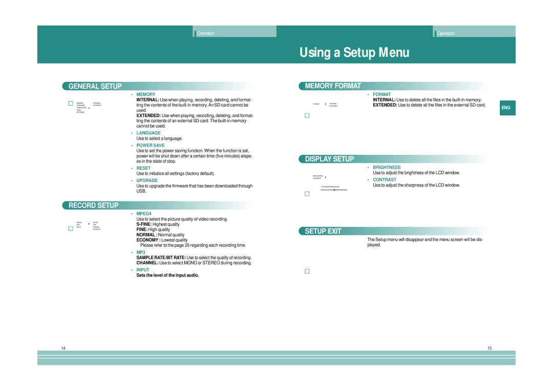 plawa-feinwerktechnik GmbH & Co.KG MOVO.1 manual General Setup, Memory Format, Record Setup Display Setup, Setup Exit 