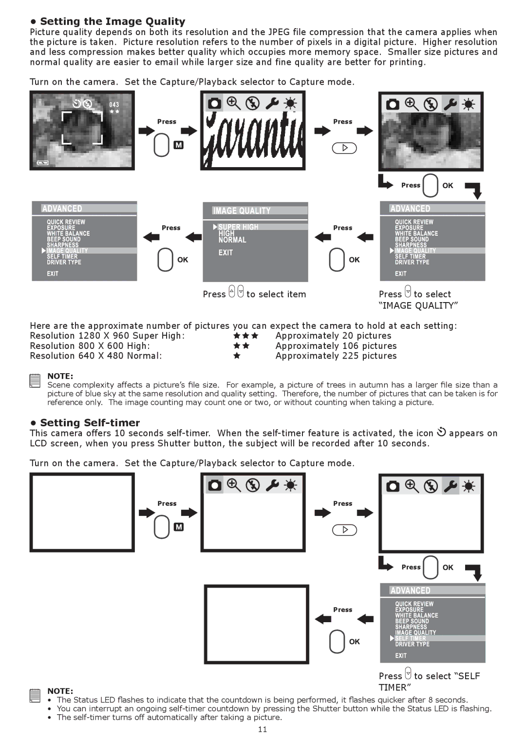 plawa-feinwerktechnik GmbH & Co.KG Nox 1.3 manual Setting the Image Quality, Setting Self-timer 