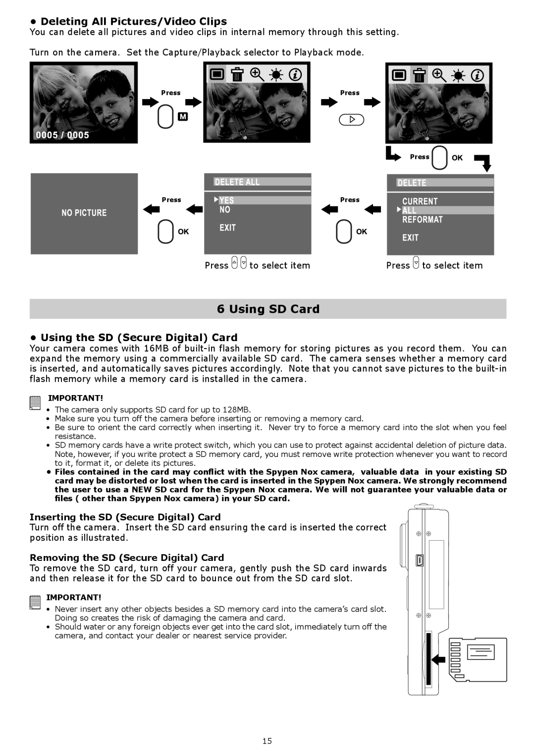 plawa-feinwerktechnik GmbH & Co.KG Nox 1.3 manual Using SD Card, Deleting All Pictures/Video Clips 