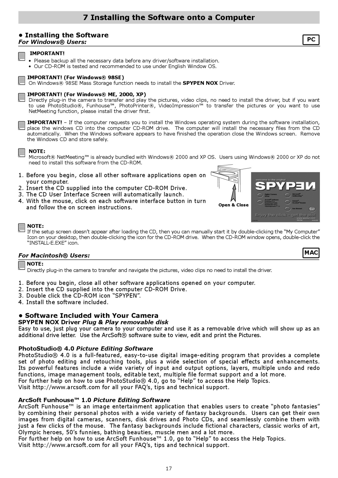 plawa-feinwerktechnik GmbH & Co.KG Nox 1.3 Installing the Software onto a Computer, Software Included with Your Camera 