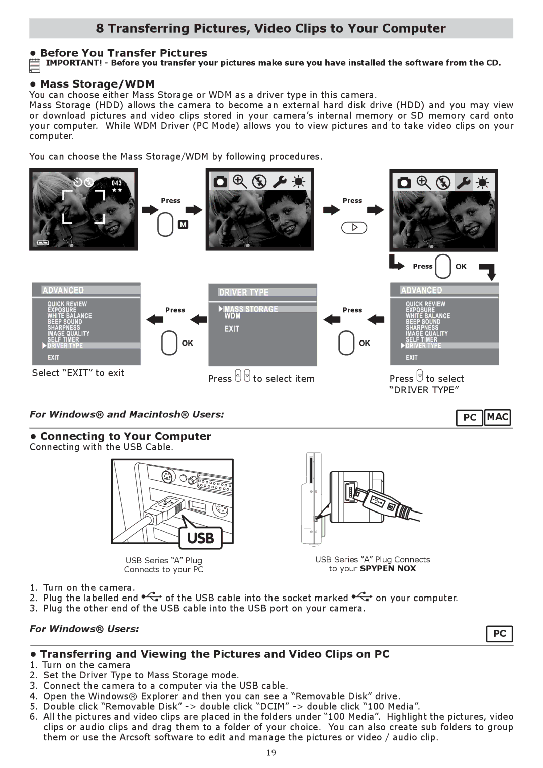 plawa-feinwerktechnik GmbH & Co.KG Nox 1.3 manual Transferring Pictures, Video Clips to Your Computer, Mass Storage/WDM 