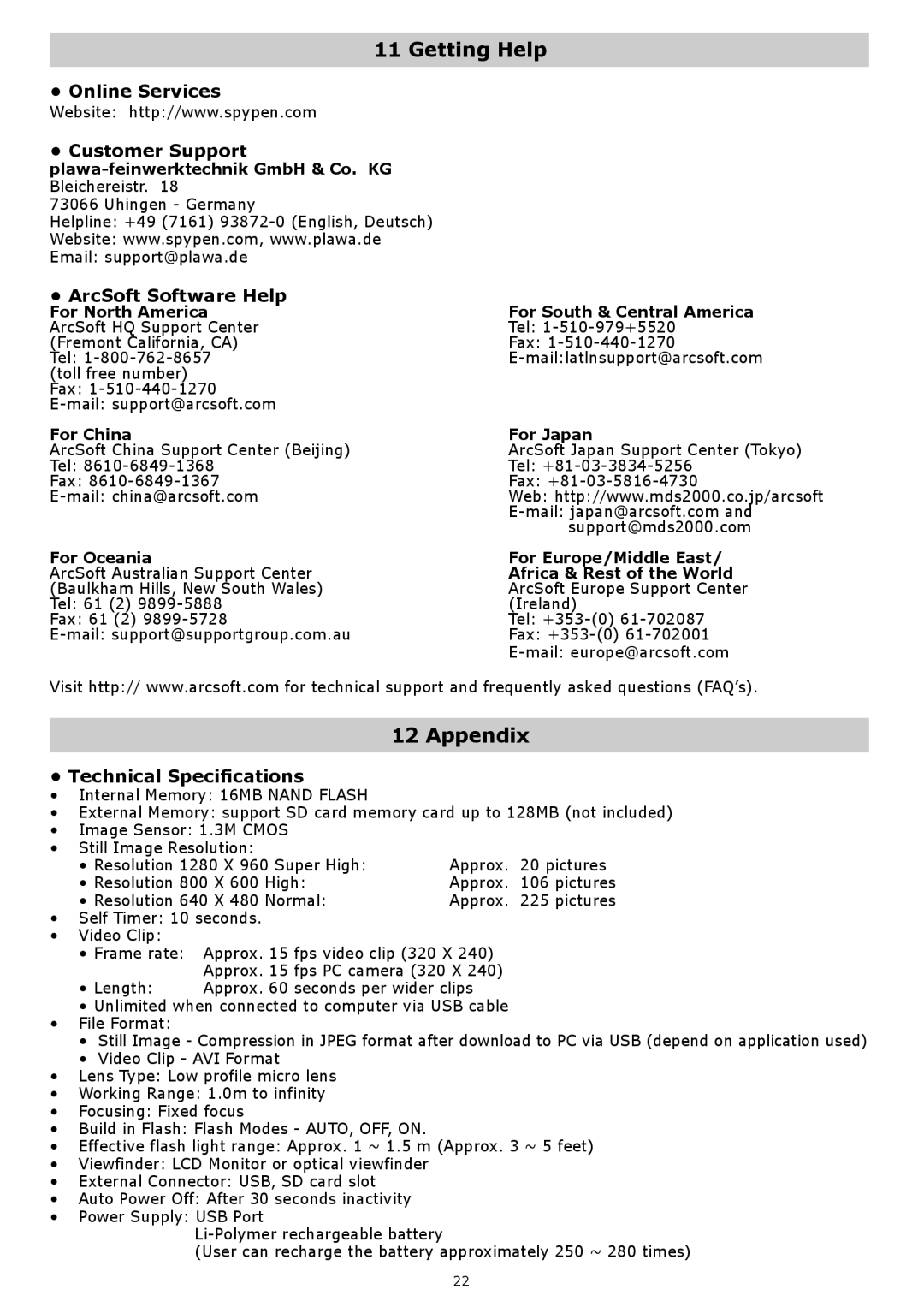 plawa-feinwerktechnik GmbH & Co.KG Nox 1.3 manual Getting Help, Appendix, ArcSoft Software Help, Technical Specifications 