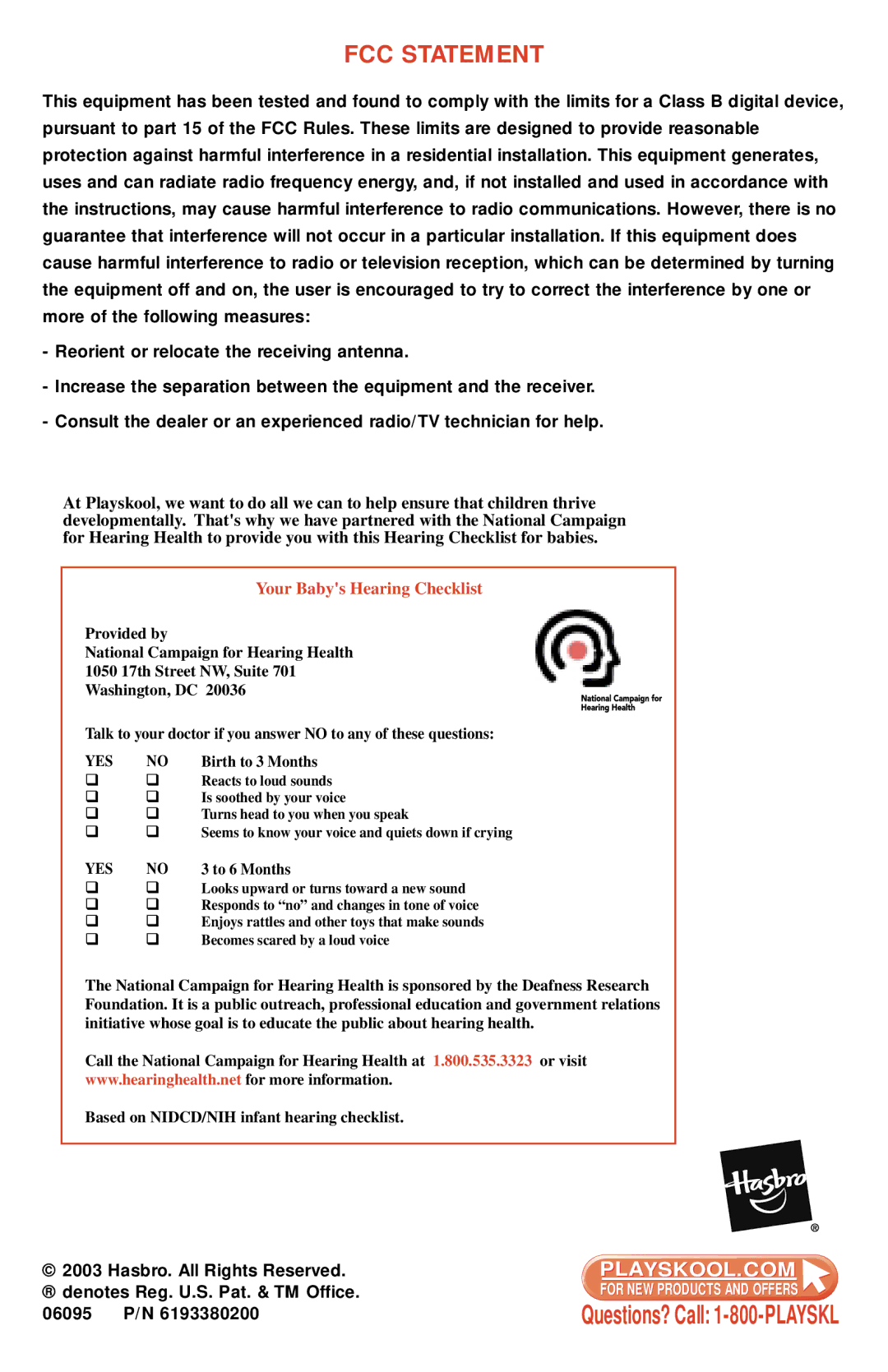 Playskool 06095 manual FCC Statement 