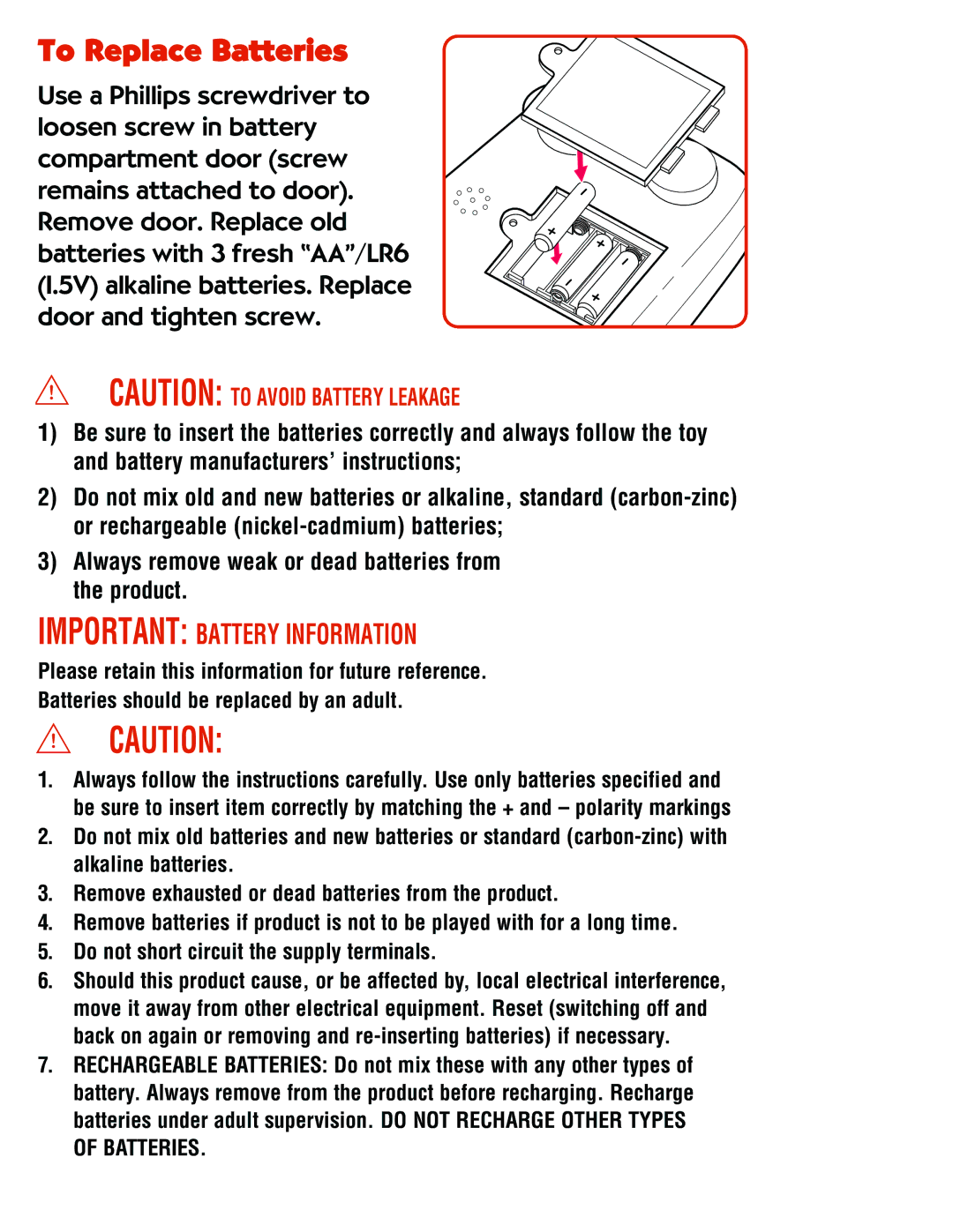 Playskool 06163 manual To Replace Batteries, Important Battery Information 