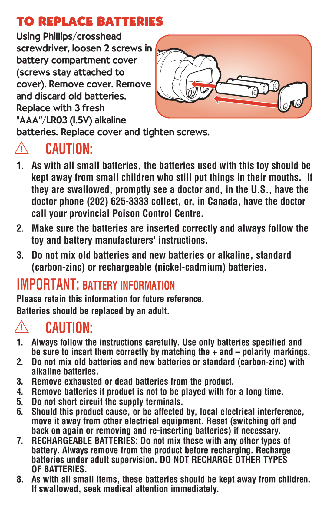 Playskool 06564 manual To Replace Batteries, Important Battery Information 