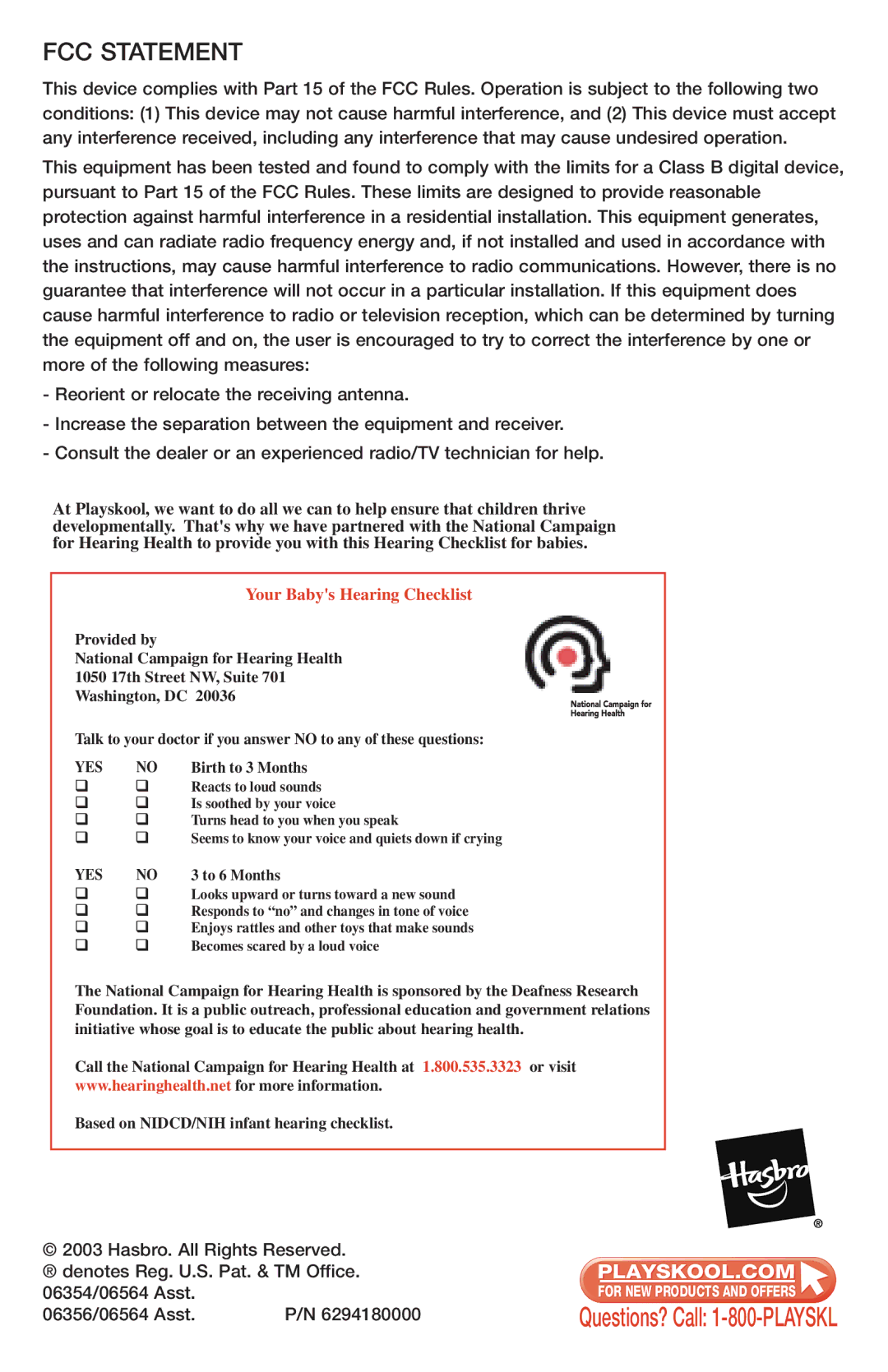 Playskool 06564 manual FCC Statement 