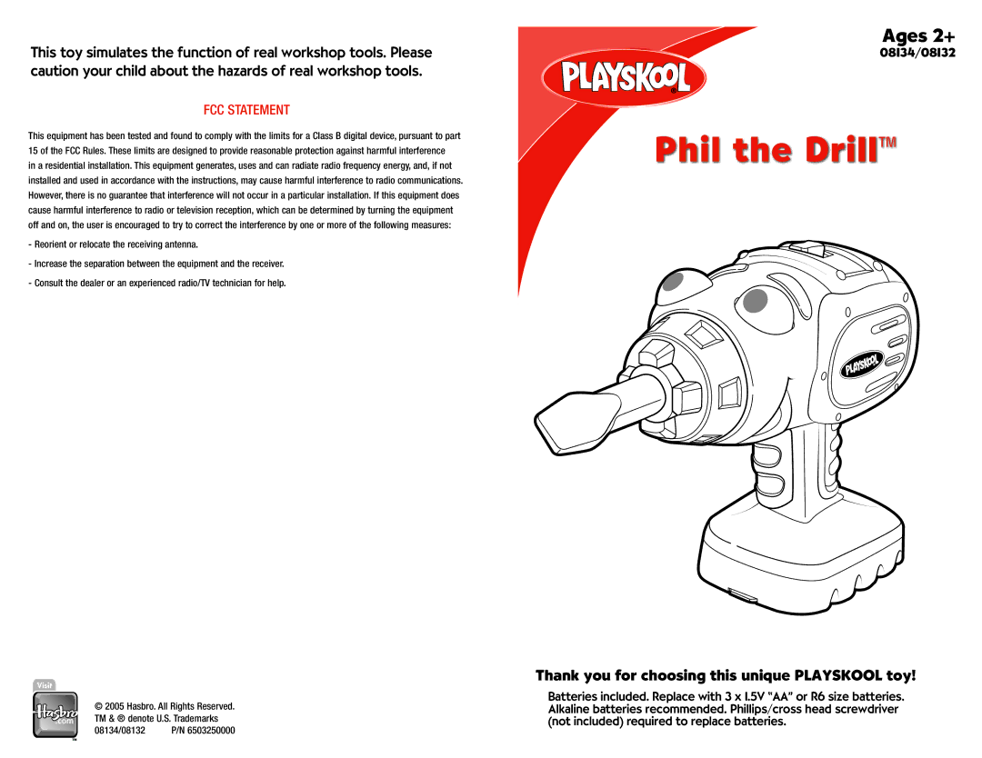 Playskool 08134/08132 manual Phil the Drill, Thank you for choosing this unique Playskool toy, FCC Statement 