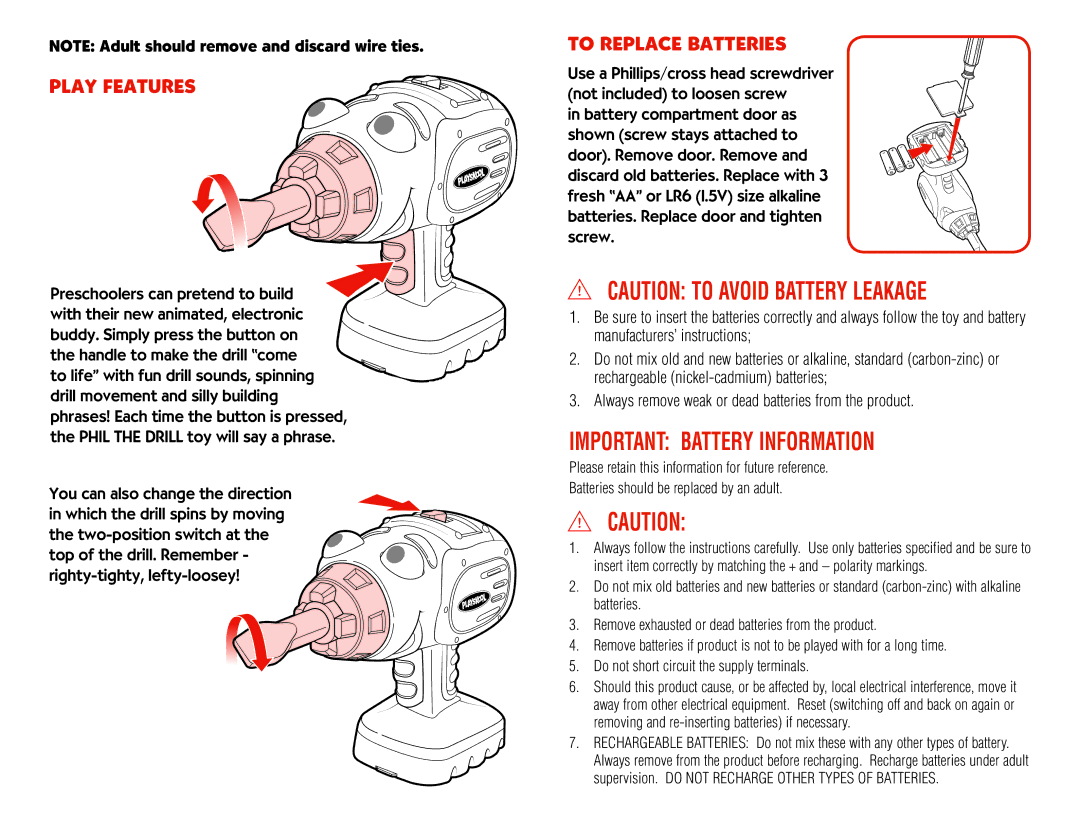 Playskool 08134/08132 manual Important Battery Information, Play Features, To Replace Batteries 