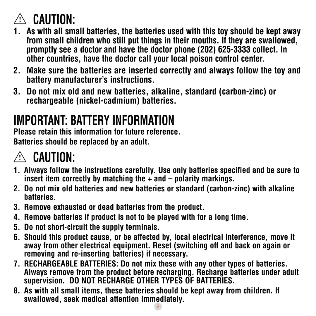 Playskool 08662 manual Important Battery Information 