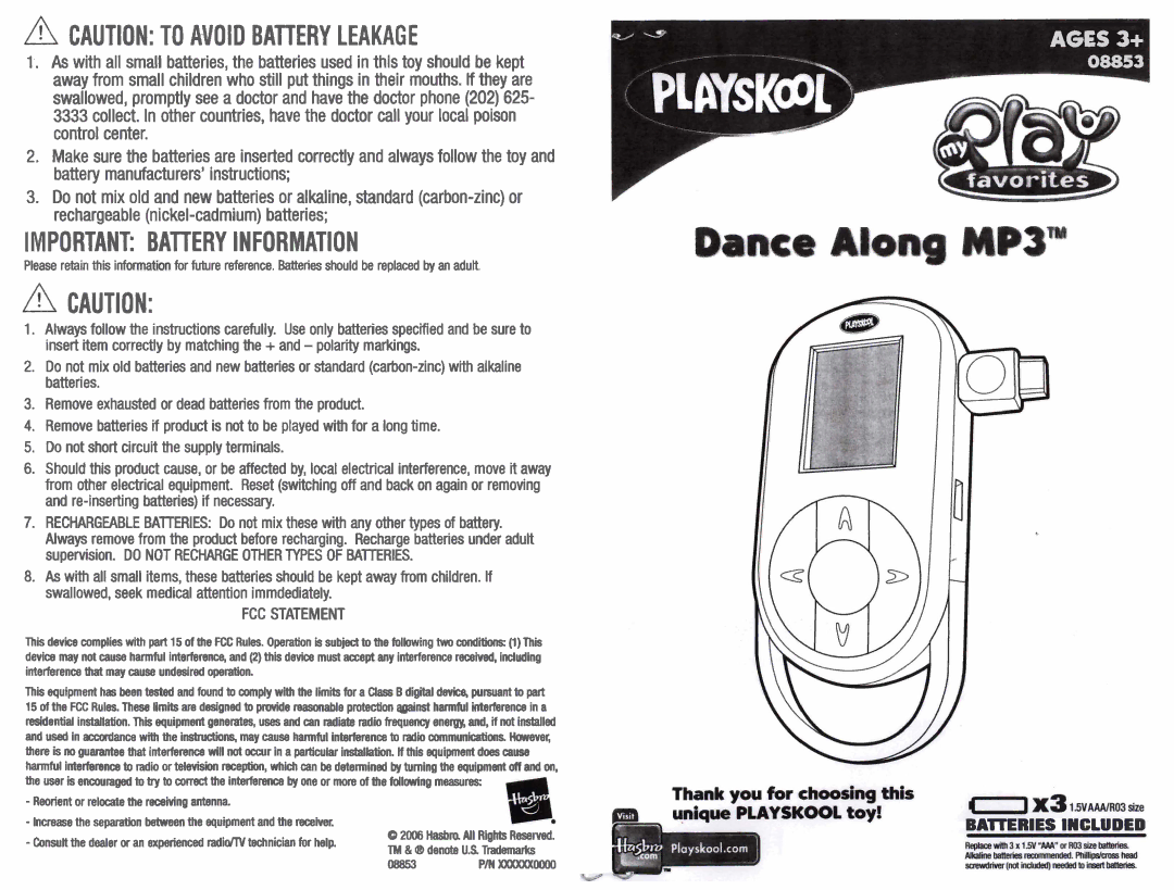 Playskool 08853 manual Important Battery Information, Ages 3+, FCC Statement 