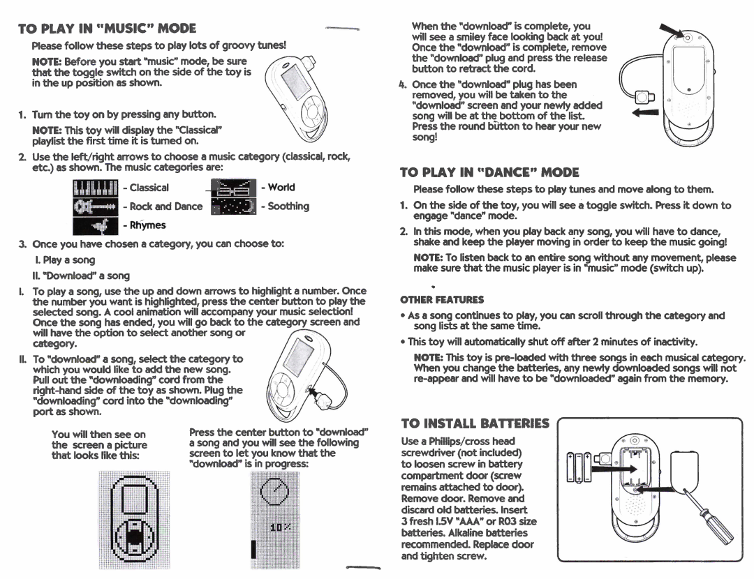 Playskool 08853 manual Iii, To Play in Music Mode, To Play in Dance Mode, To Install Batteries 