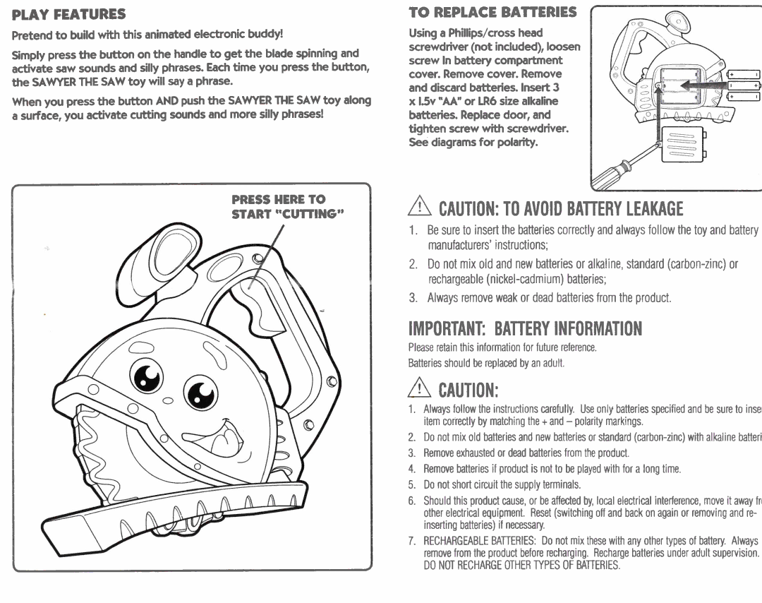 Playskool 08991/08132 manual Important Battery Information, Play Features, To Replace BAlTERlES 