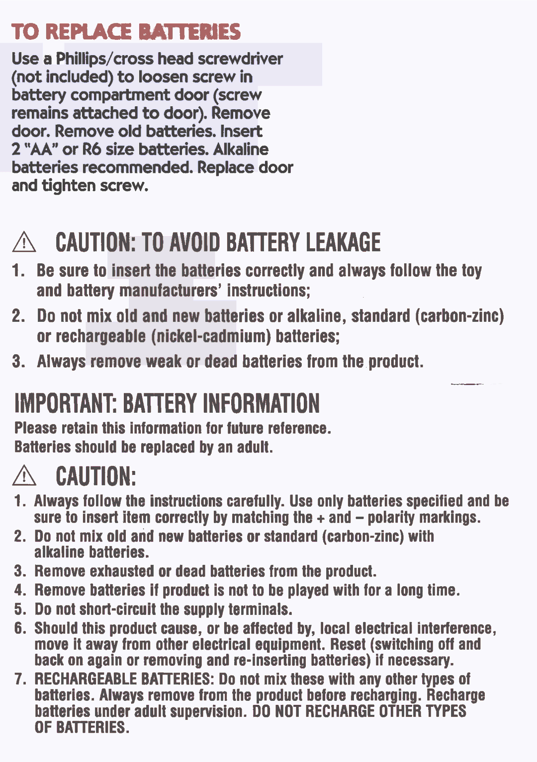 Playskool 09154 manual Important Battery Information 