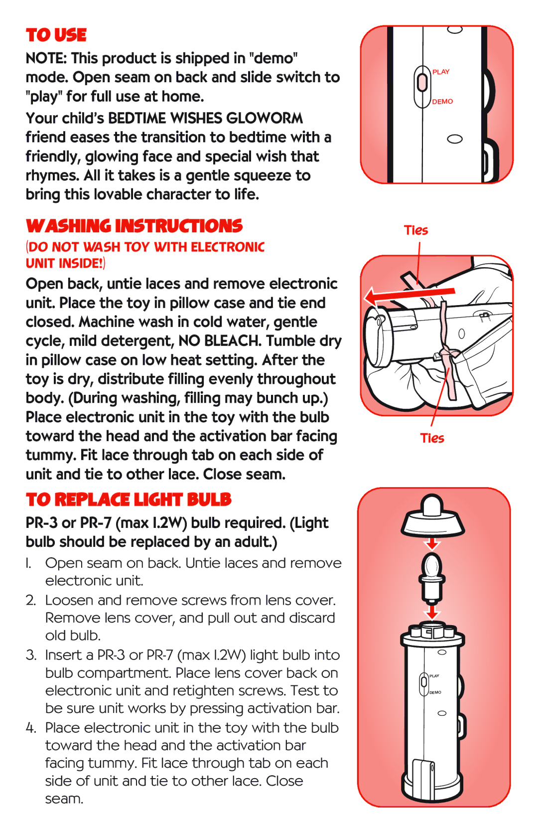 Playskool 23393 manual To USE, Washing Instructions, To Replace Light Bulb 