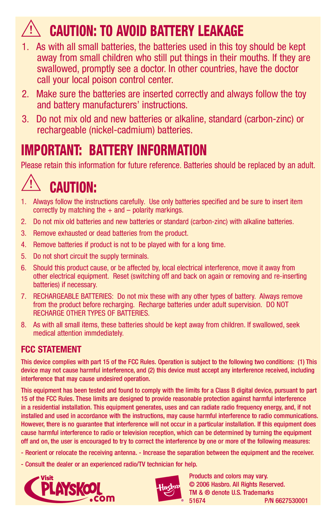 Playskool 51674 manual Important Battery Information 