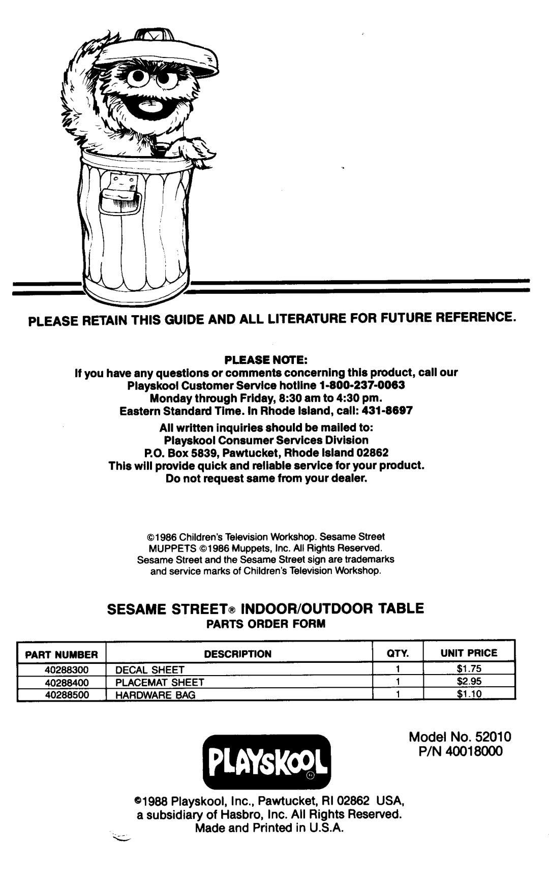 Playskool 52010 manual 