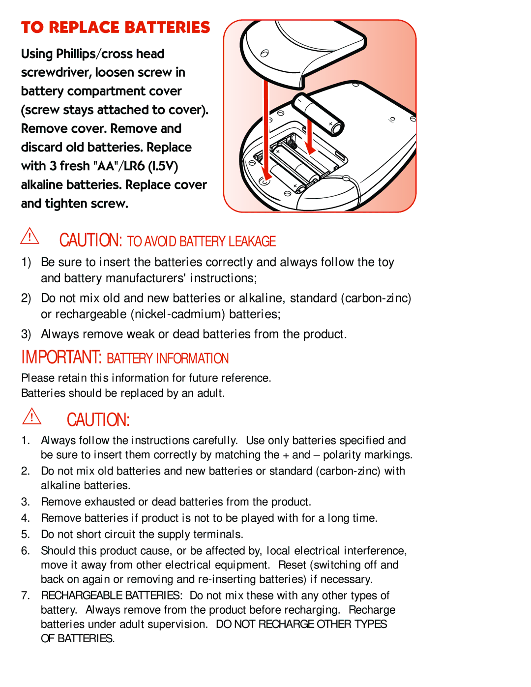 Playskool 5507 manual To Replace Batteries, Important Battery Information 