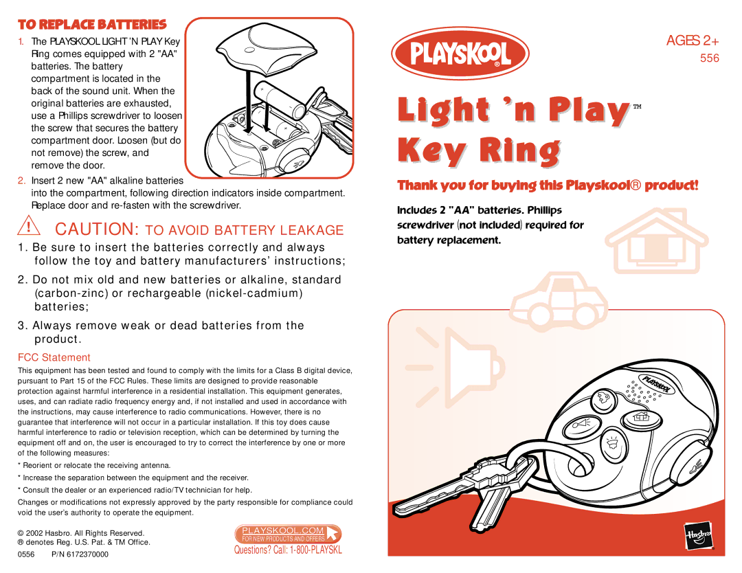 Playskool 556 manual Light ’n Play Key Ring, To Replace Batteries, Ages 2+, Thank you for buying this Playskool product 