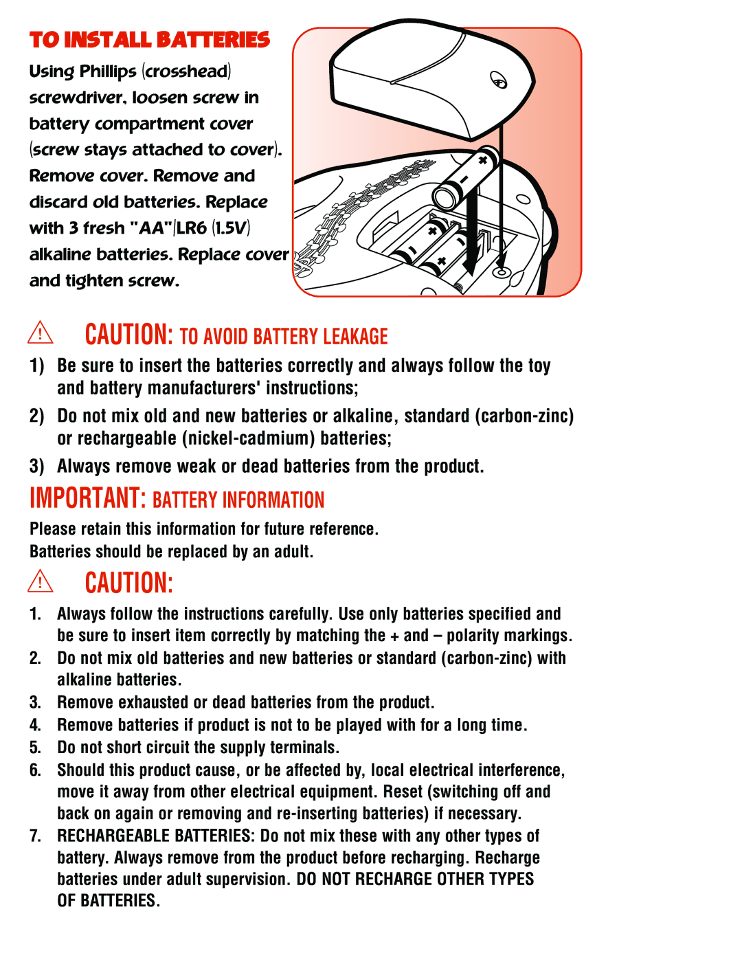 Playskool 6095 manual To Install Batteries, Important Battery Information 