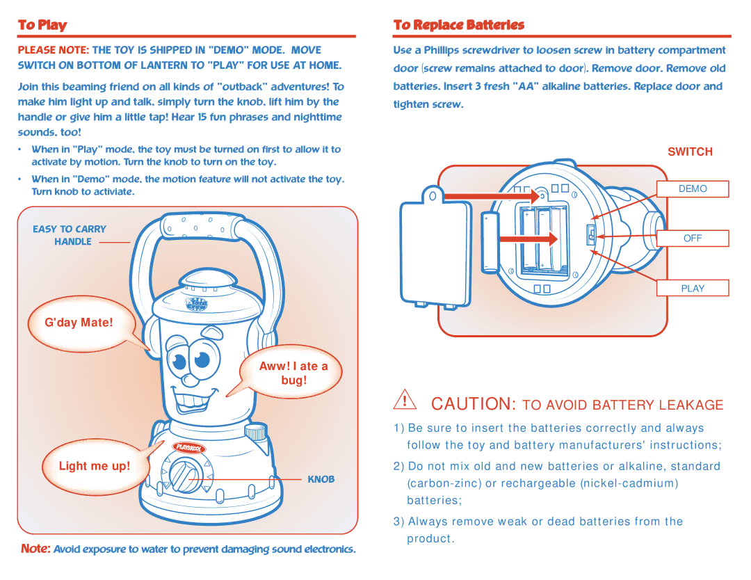 Playskool 6168020000, 6607 manual To Play, To Replace Batteries, Gday Mate Aww! I ate a Bug Light me up, Switch 