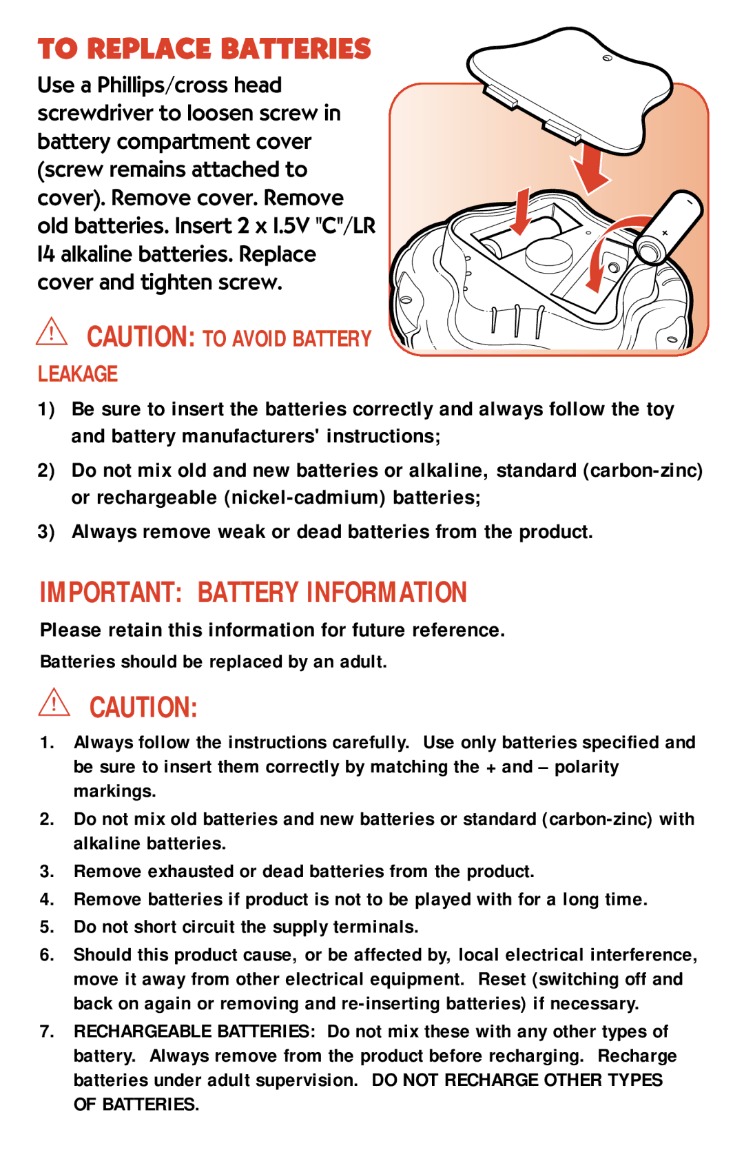 Playskool 6186 manual To Replace Batteries, Leakage 