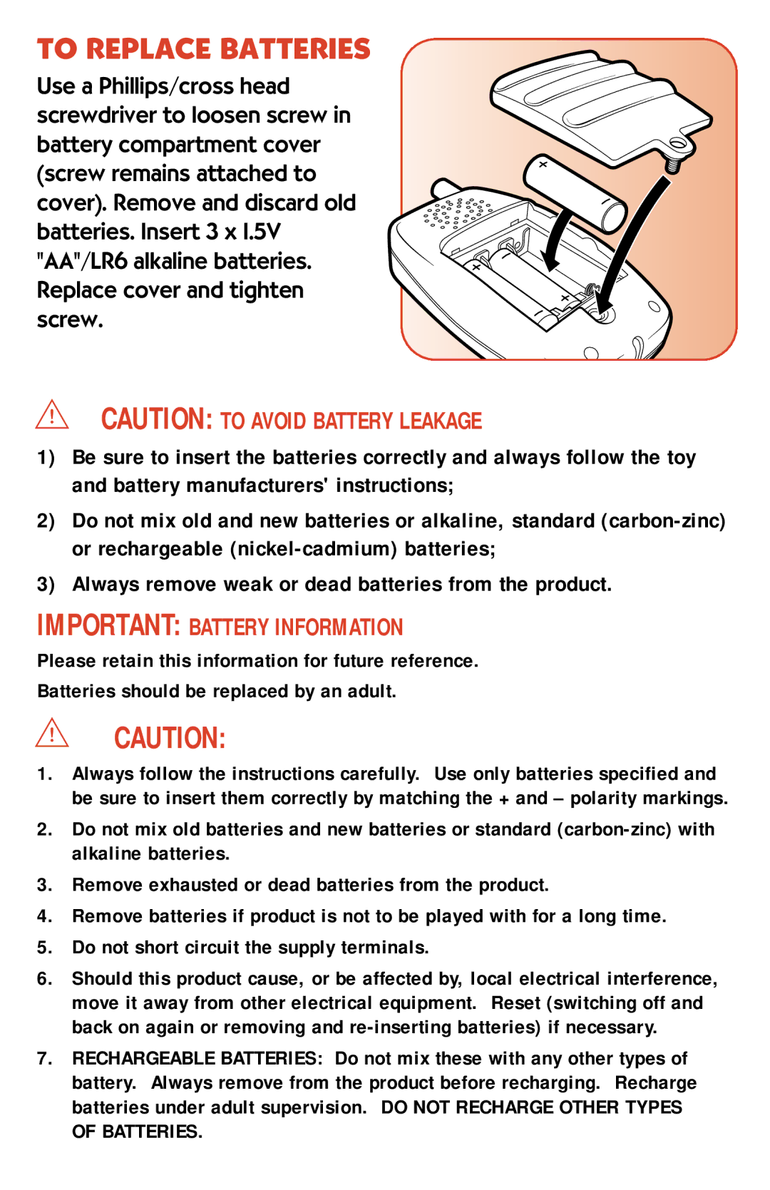 Playskool 6208 manual To Replace Batteries, Important Battery Information 