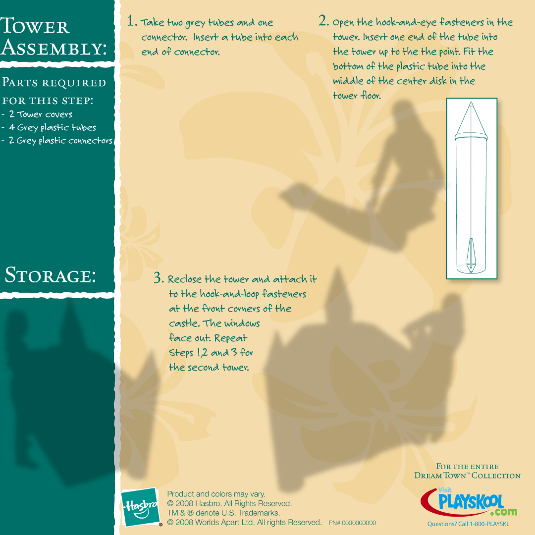 Playskool 68779 manual Tower Assembly, Take two grey tubes and one, End of connector, Middle of the center disk 