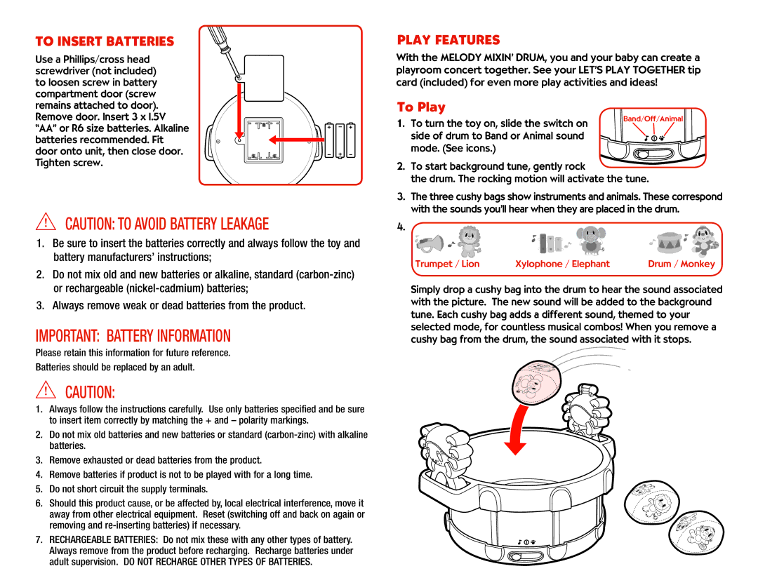 Playskool 8979 manual To Insert Batteries, Play Features 