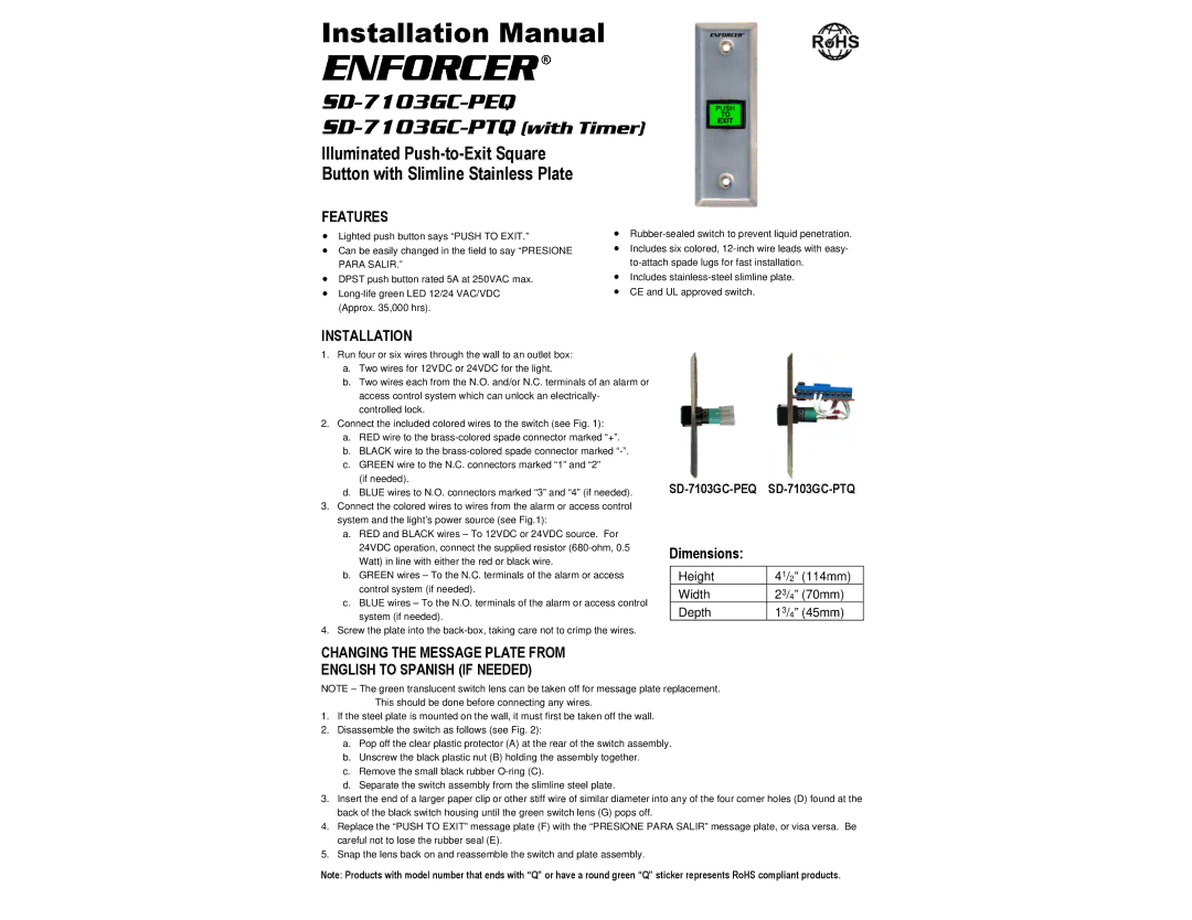 PLH Products SD-7103GC-PTQ, SD-7103GC-PEQ manual Features, Installation 