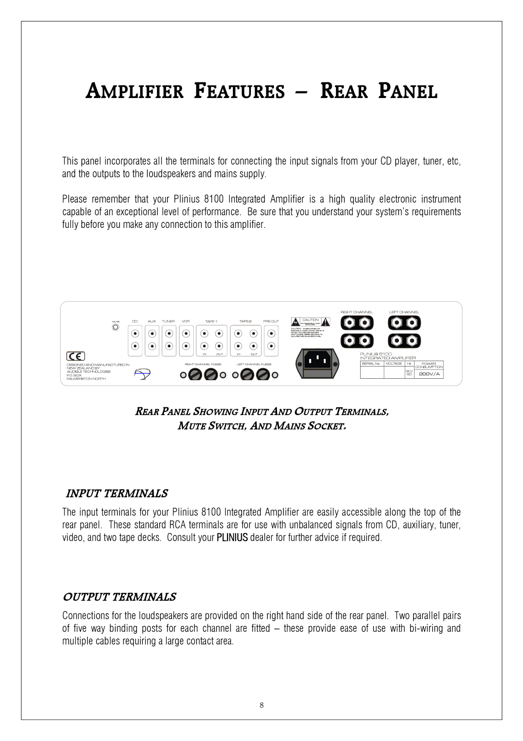 Plinius Audio 8100 manual Input Terminals, Output Terminals 