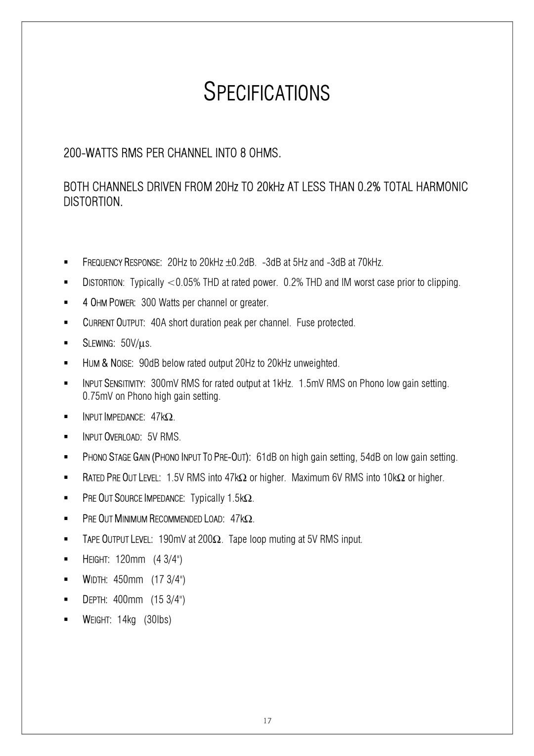 Plinius Audio 9200 manual Specifications, Watts RMS PER Channel Into 8 Ohms 