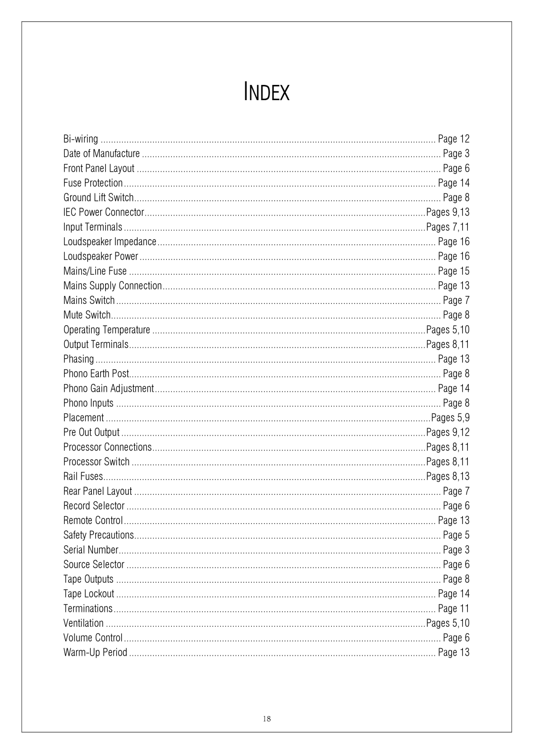 Plinius Audio 9200 manual Index 