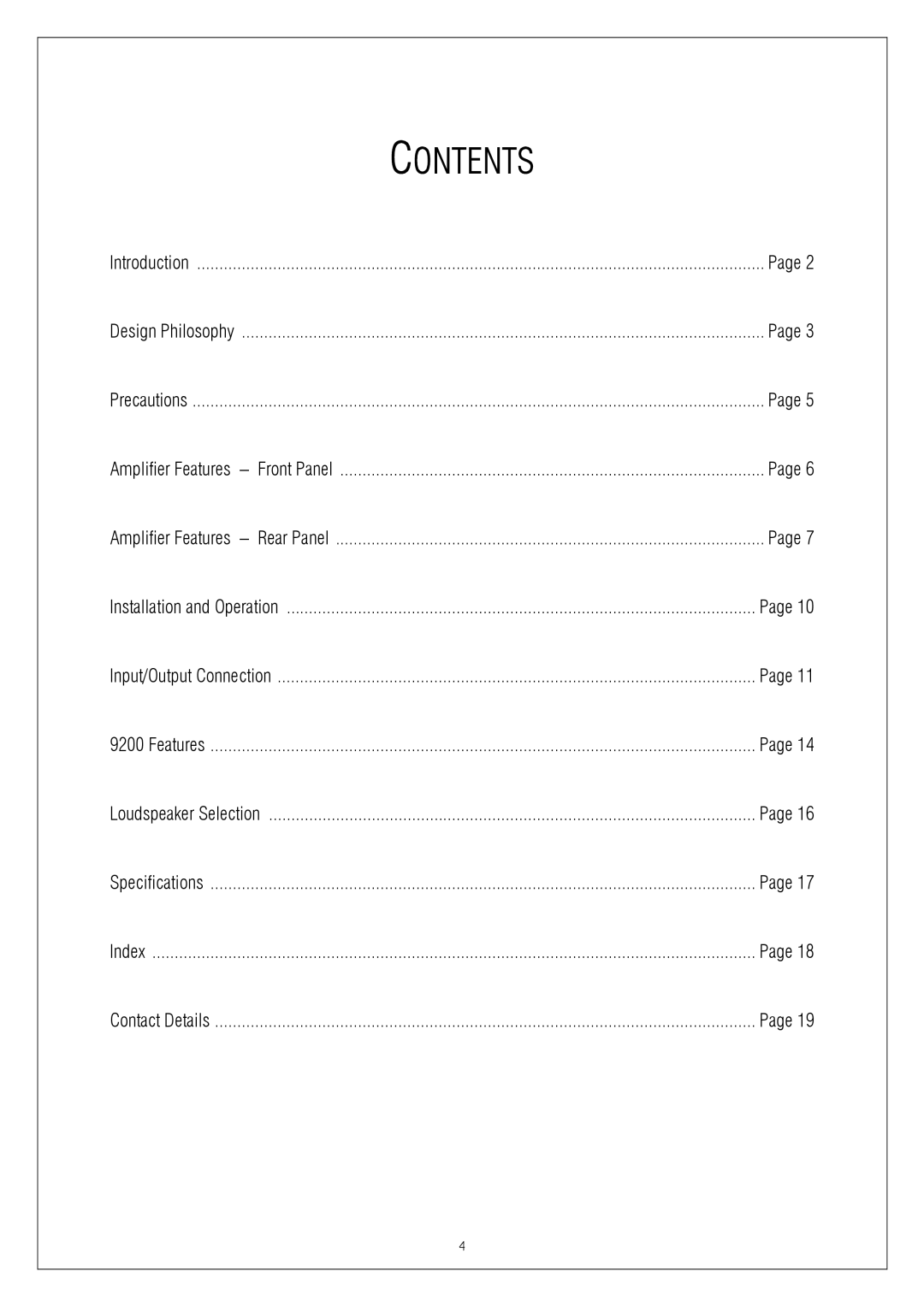 Plinius Audio 9200 manual Contents 