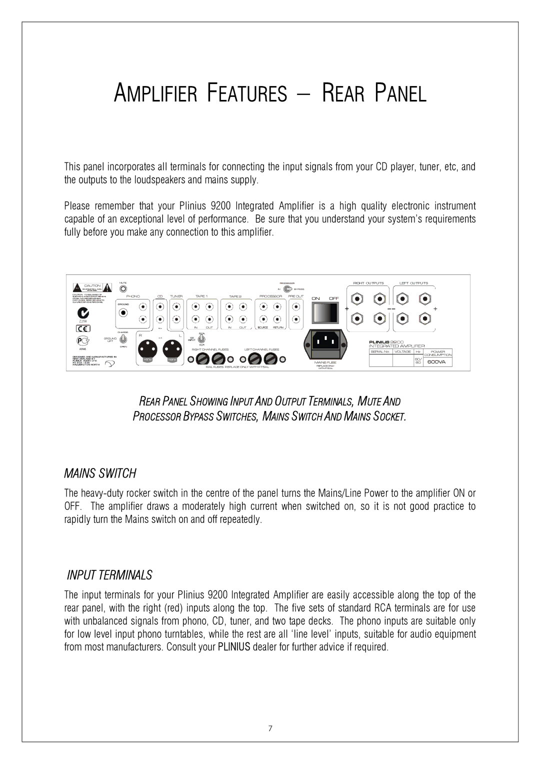 Plinius Audio 9200 manual Amplifier Features Rear Panel, Mains Switch, Input Terminals 