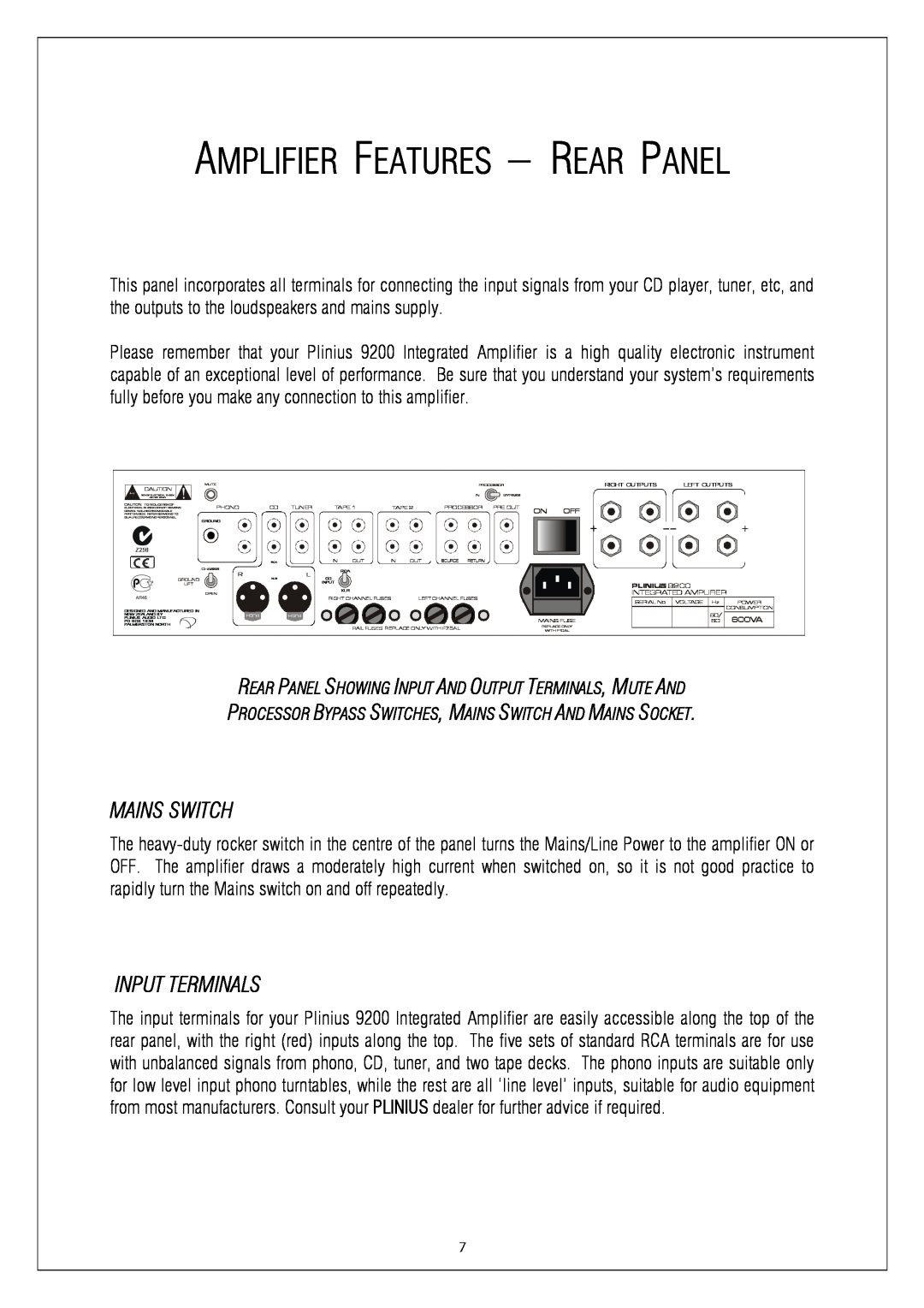 Plinius Audio 9200 manual Amplifier Features - Rear Panel, Mains Switch, Input Terminals 