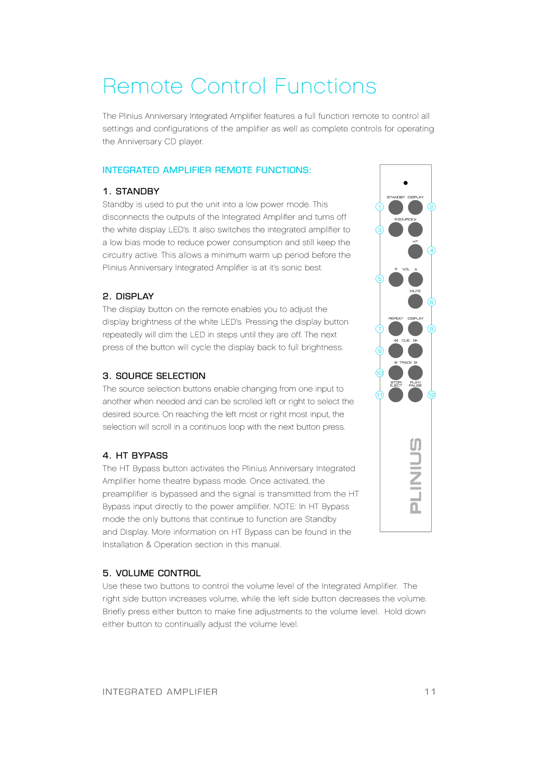 Plinius Audio Anniversary Integrated Amplifier manual M o te C o n t ro l Fu n c t i o n s 