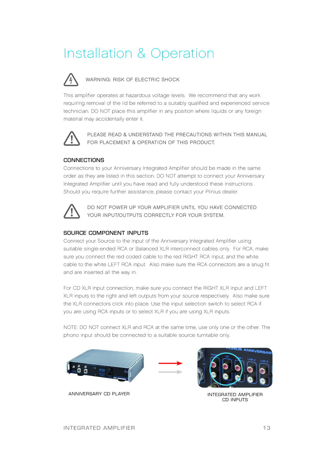 Plinius Audio Anniversary Integrated Amplifier manual Installation & O p e ra t i o n, Connections, Source Component Inputs 