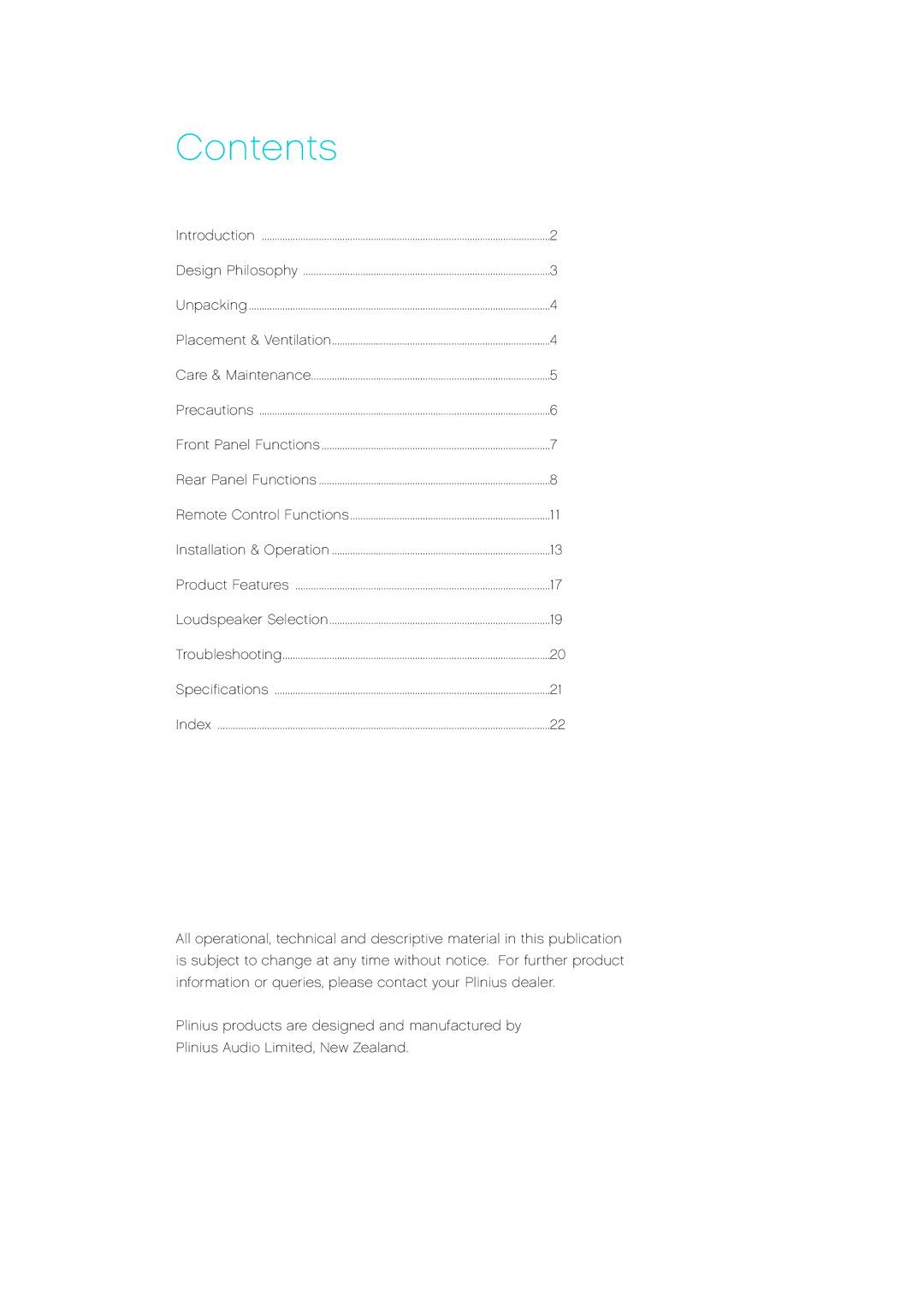 Plinius Audio Anniversary Integrated Amplifier manual N te n ts 