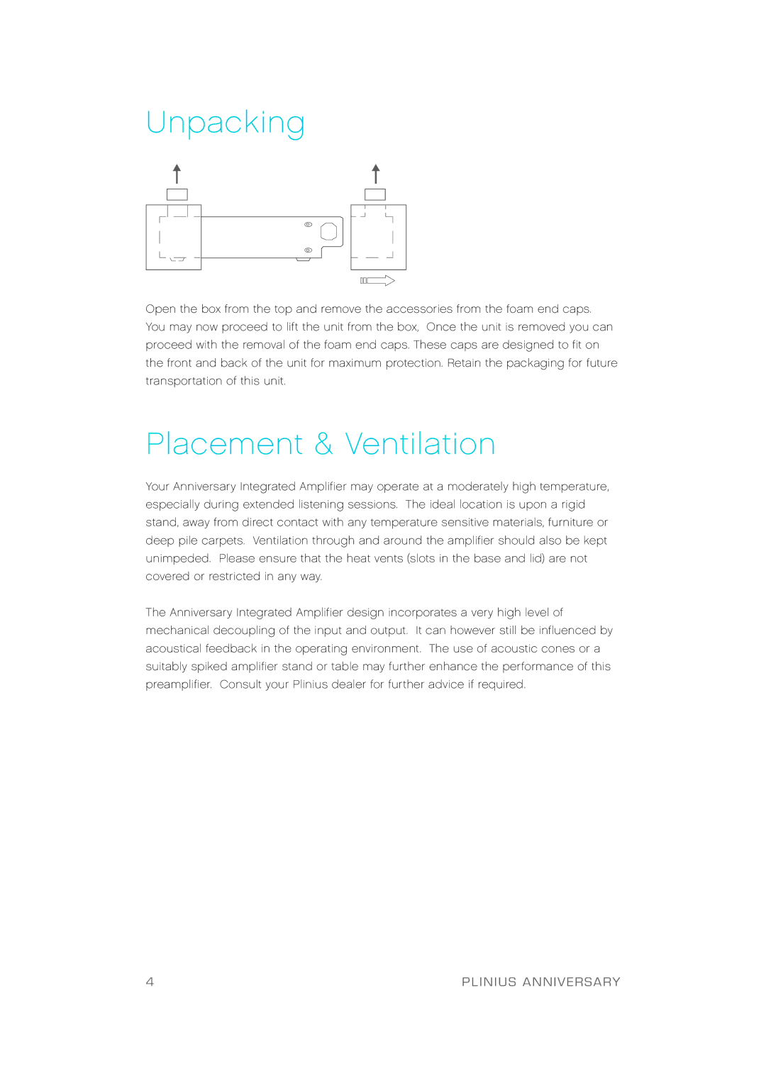 Plinius Audio Anniversary Integrated Amplifier manual Un p a c k i n g, A c e m e n t & Ve n t i l a t i o n 