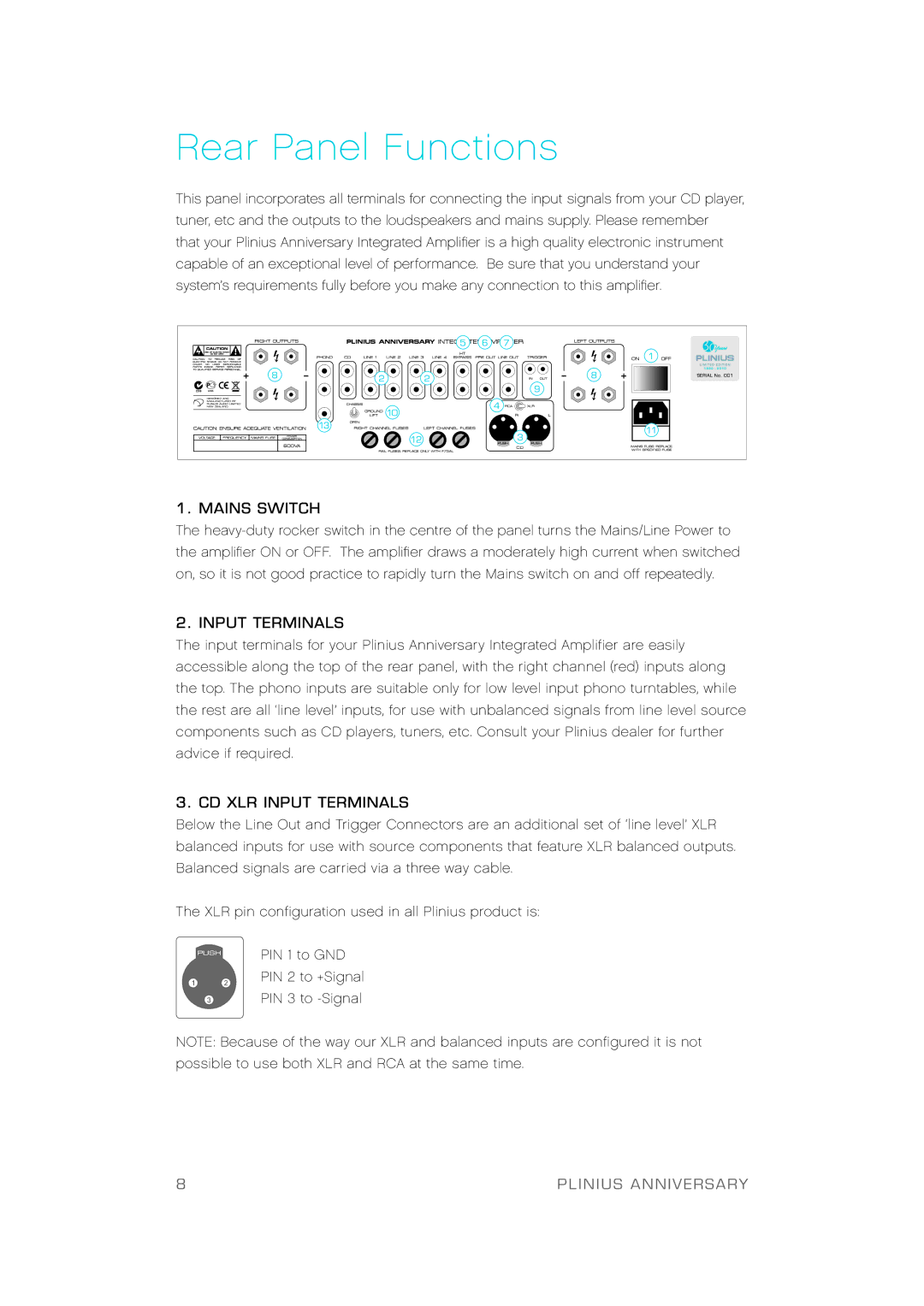 Plinius Audio Anniversary Integrated Amplifier manual A r Pa n e l Fu n c t i o n s, Mains Switch, Input Terminals 