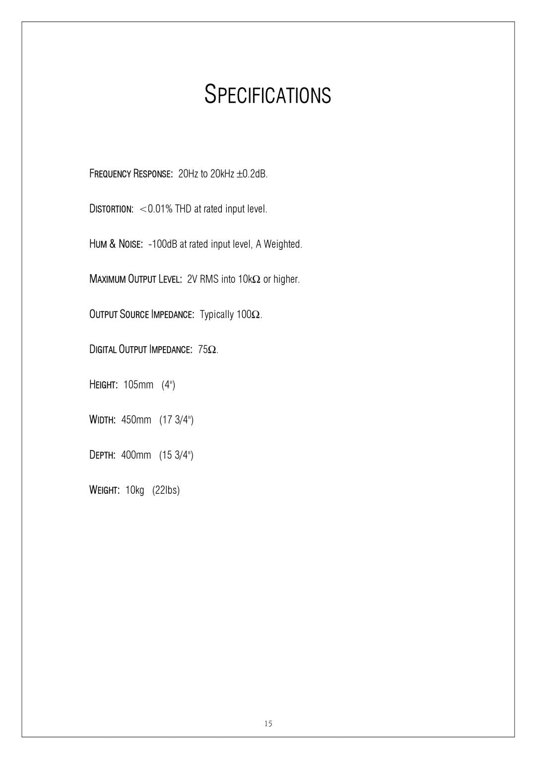 Plinius Audio CD101 manual Specifications 